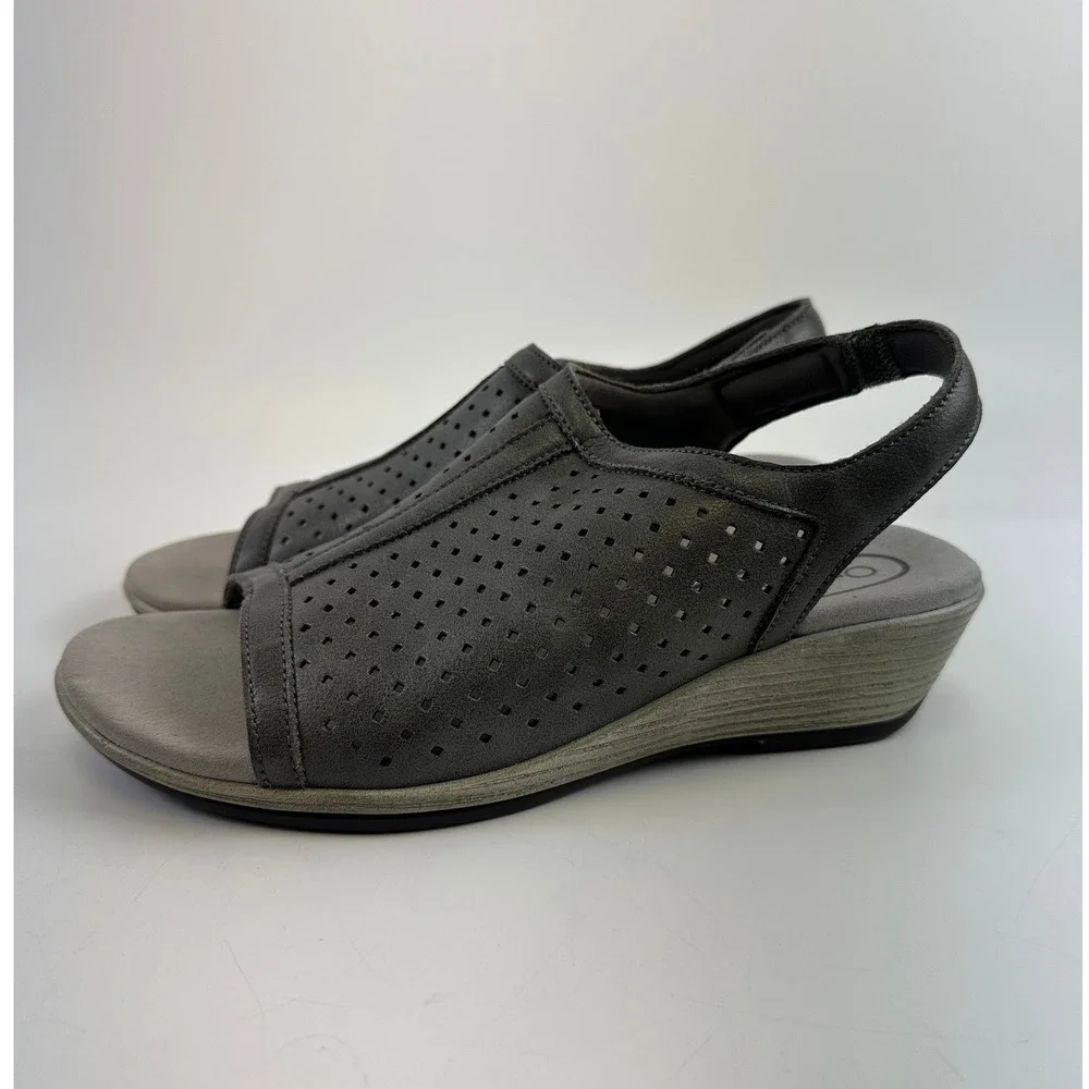 Orthofeet Hazel Wedge Sandal Gray Perforated Faux Leather Comfort 62021 Womens 7